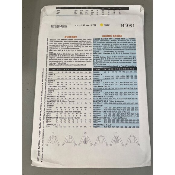 Butterick Sewing Pattern Sizes 12-16 B4091 Basque Shirt Making History UNCUT - Picture 4 of 7